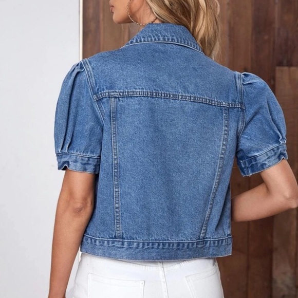 Puff sleeve button front denim Jean casual jacket - Picture 4 of 4